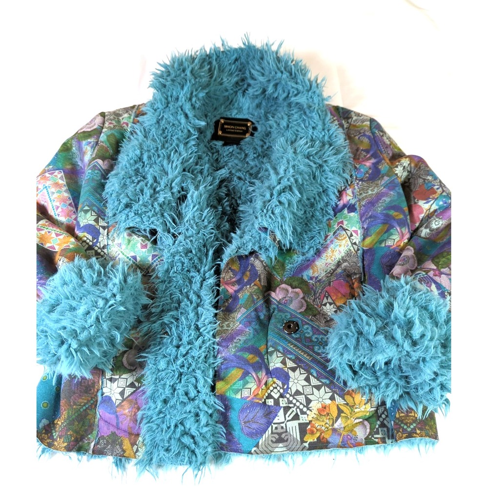 Simon Chang Jacket Women 8 Limited Edition Reversible Turquoise Fluff Whimsical